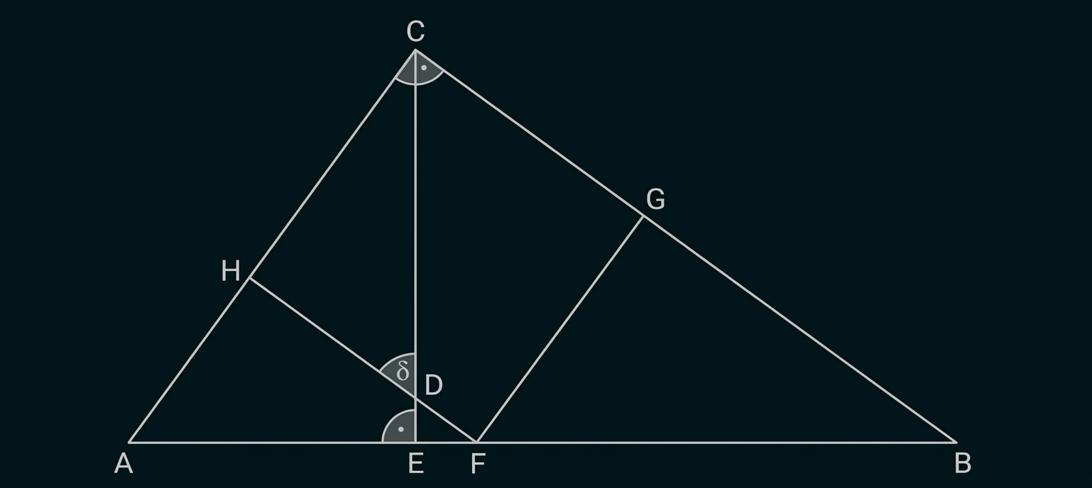 Geometrische Zeichnung eines Dreiecks mit eingezeichneten Strecken und Winkeln.